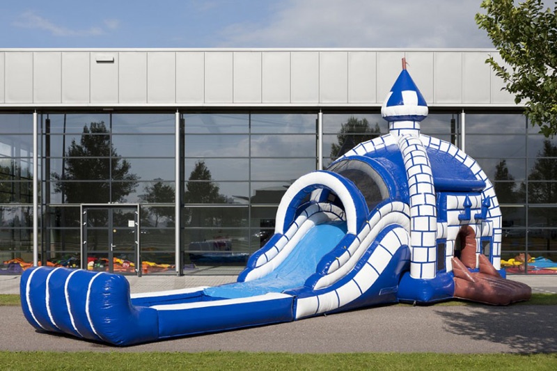 MC030 Multiplay Blue White Castle Inflatable Wet Combo Bouncy House with Pool Slide