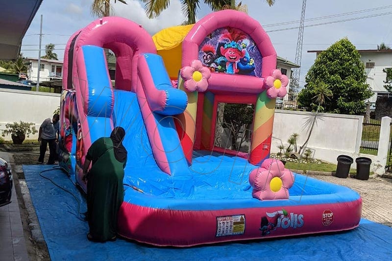 WJ159 Pink Flower Inflatable Bounce Combo with Pool Wet Slide