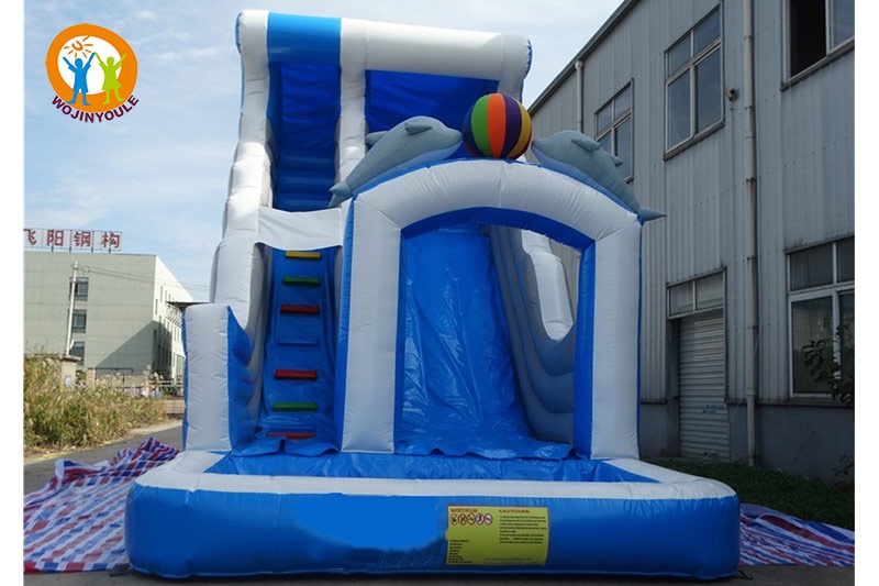 WW148 20ft Tall Blue White Dolphin Inflatable Water Slide with Pool