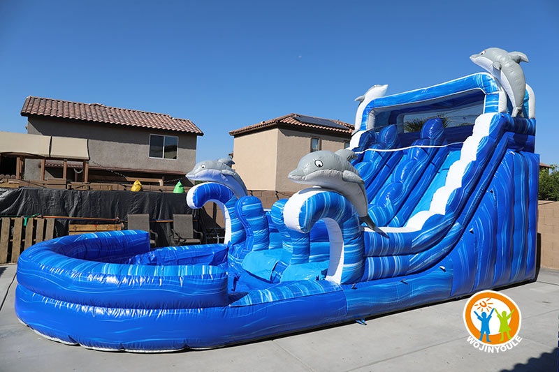 WS221 16ft Dolphin Blue Dual Lane Inflatable Water Slide w/ Pool