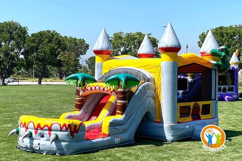 WB389 Dino Island Dual Lane Inflatable Wet Combo Bouncer Water Slide
