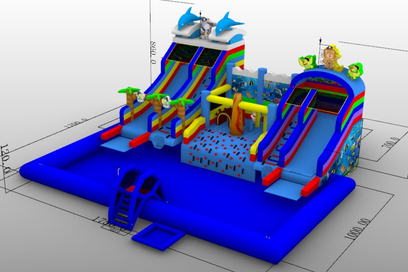 GP064 Dolphin Ground Water Park Inflatable Playround with Pool Slide